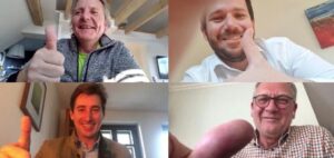1. Martin Vogel MPS agent Rainer Ulrich and Florian Ulrich directors Ulrich Etiketten and Bert van den Brink Co Founder MPS put up their thumbs to sign the deal during a WhatsApp videocall
